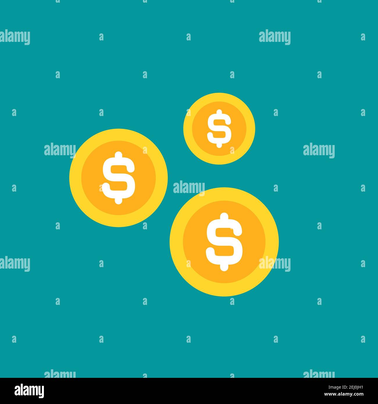 Gold dollar coins isolated on blue background. Flat vector illustration
