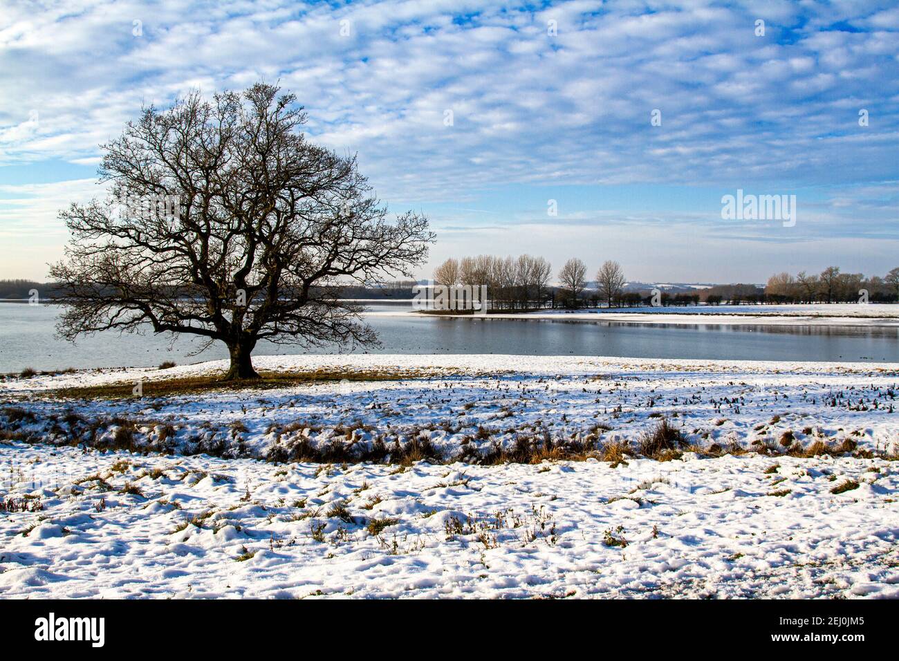 Snow covers the ground at Rutland Water, with copy space Stock Photo