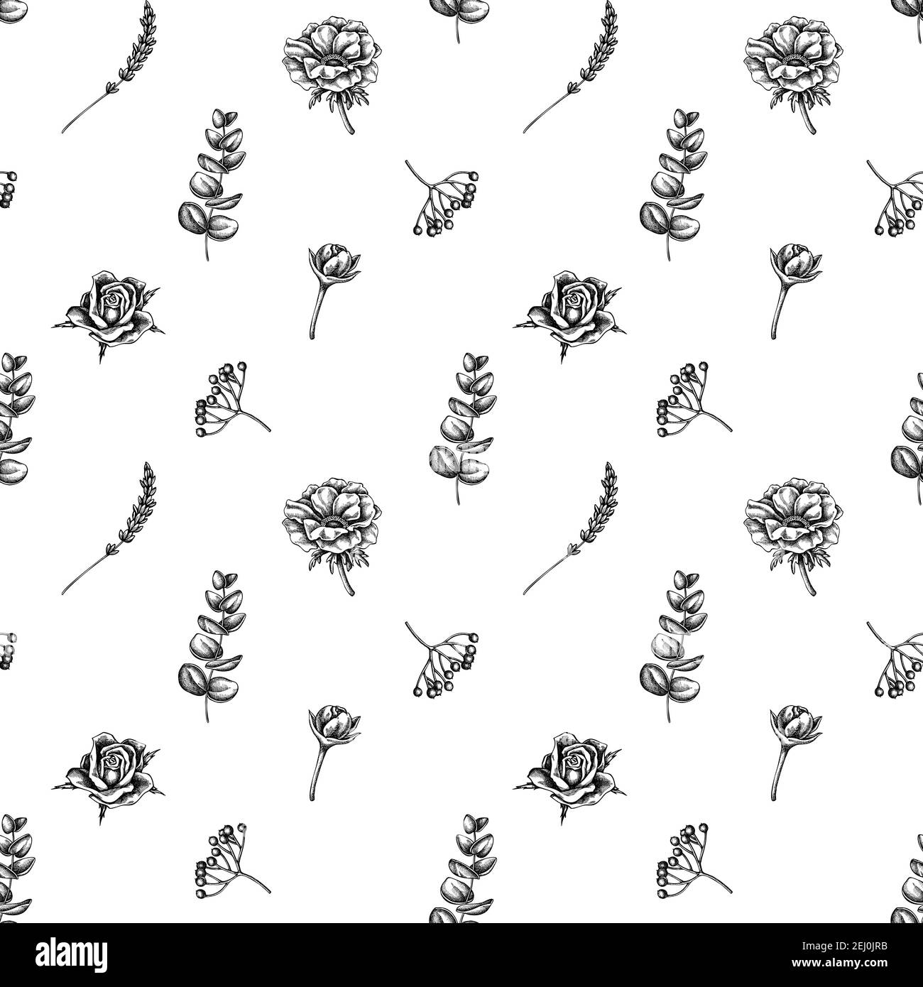 Seamless pattern with black and white roses, anemone, eucalyptus, lavender, peony, viburnum Stock Vector