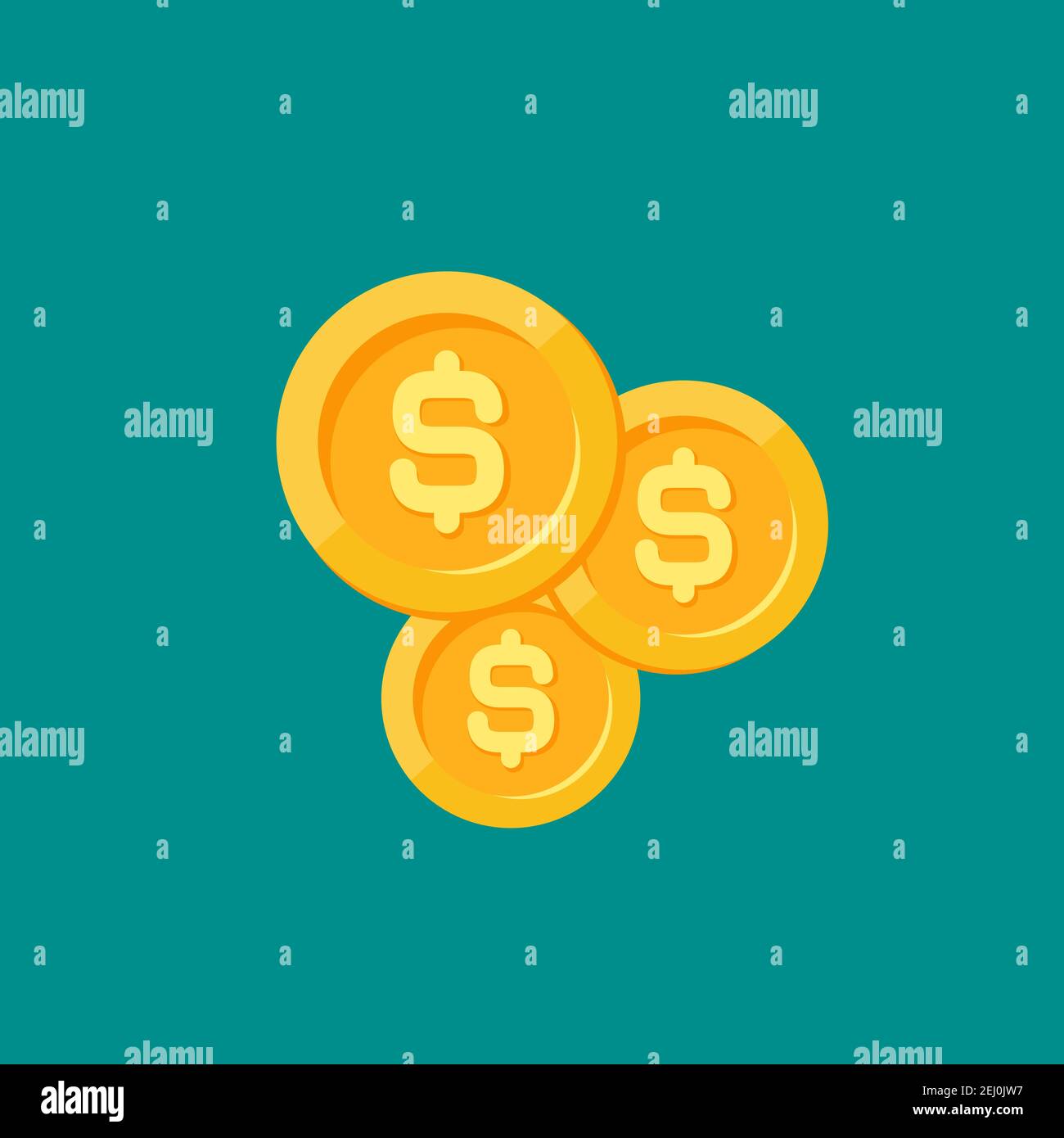 Gold dollar coins isolated on blue background. Flat vector illustration