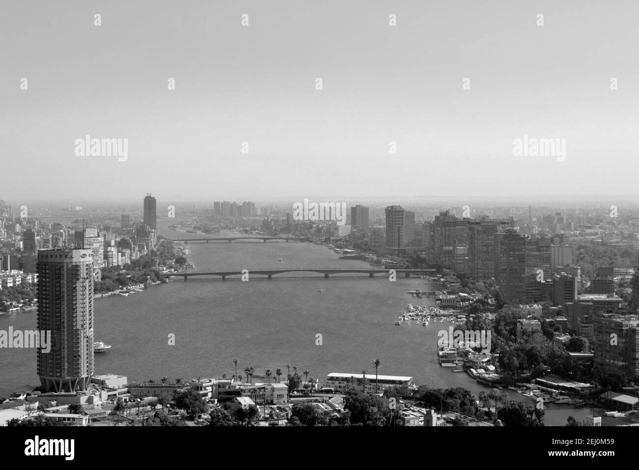 Aerial view of Cairo Egypt cityscape , panoramic view of Cairo and skyscrapers , the river Nile of Egypt running allover Cairo, crowded Cairo Egypt Stock Photo
