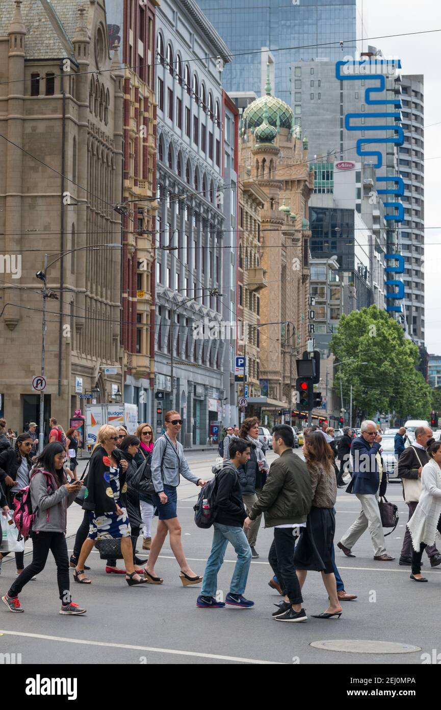Flinders Street and Swanston Street, Melbourne, Victoria, Australia. Stock Photo