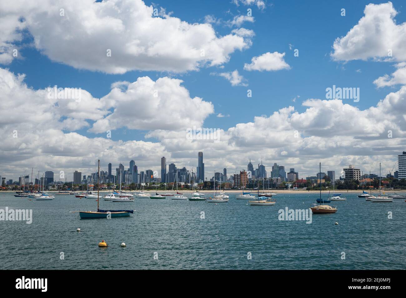 Melbourne skyline seen from St Kilda, Victoria, Australia. Stock Photo