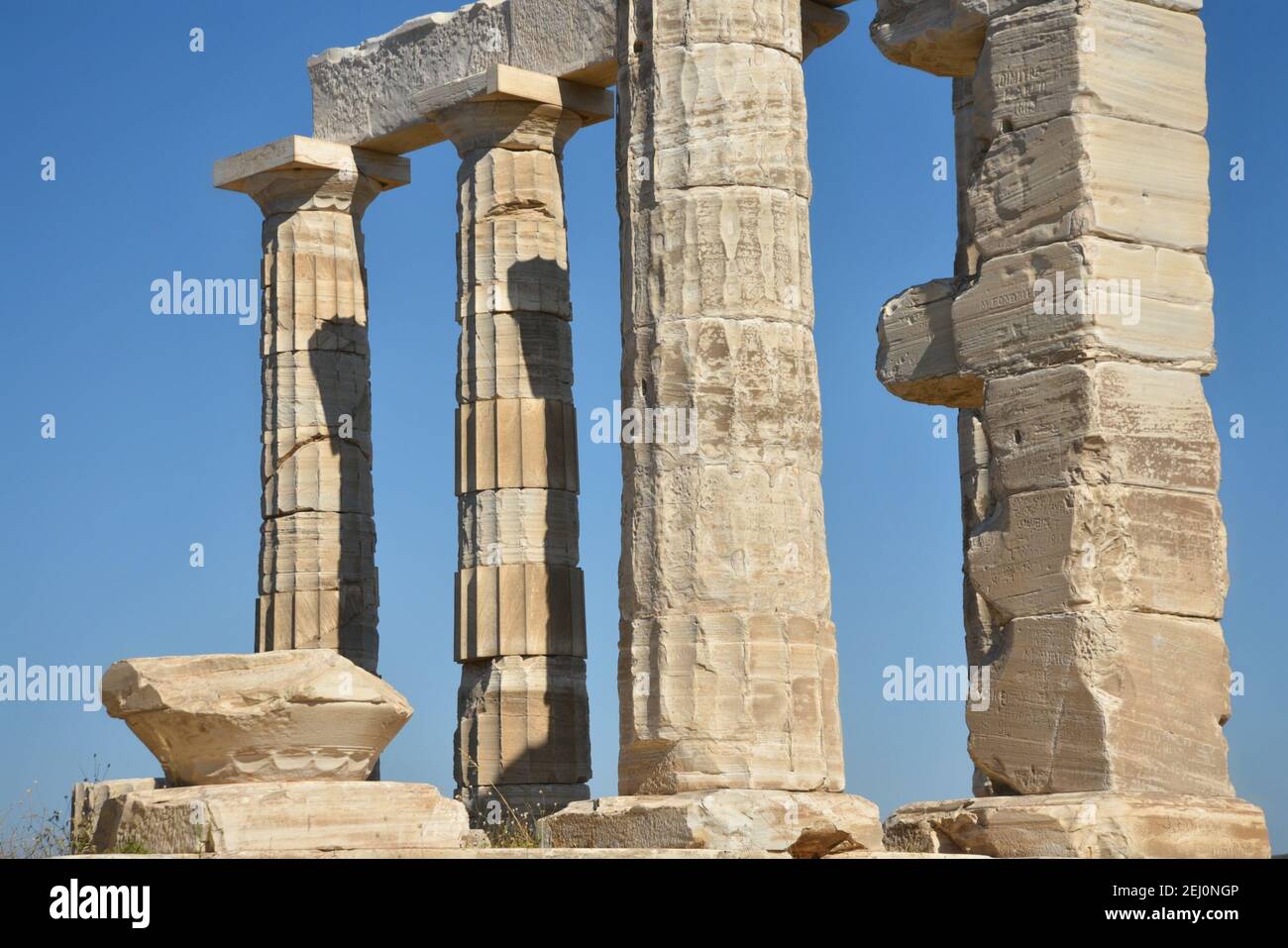 Marble columns view of the ancient Greek Doric style Temple of Poseidon ...