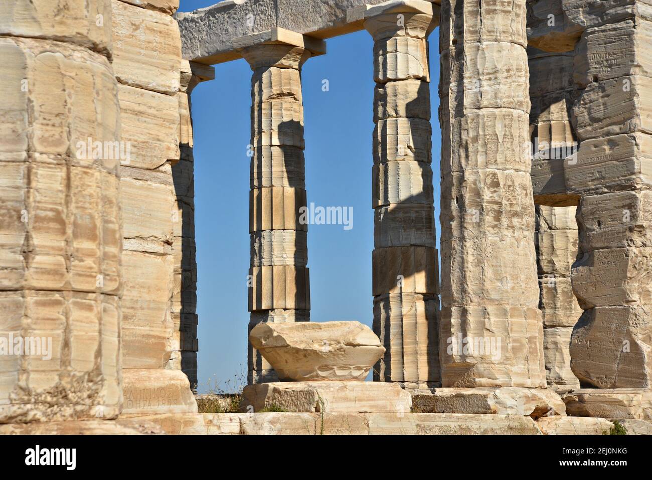Marble columns view of the ancient Greek Doric style Temple of Poseidon ...