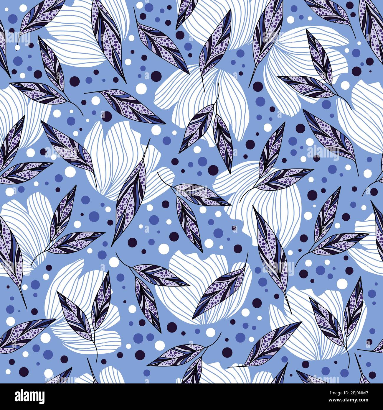 Abstract floral pattern design with flowers, leaves and dots on a blue background Stock Vector