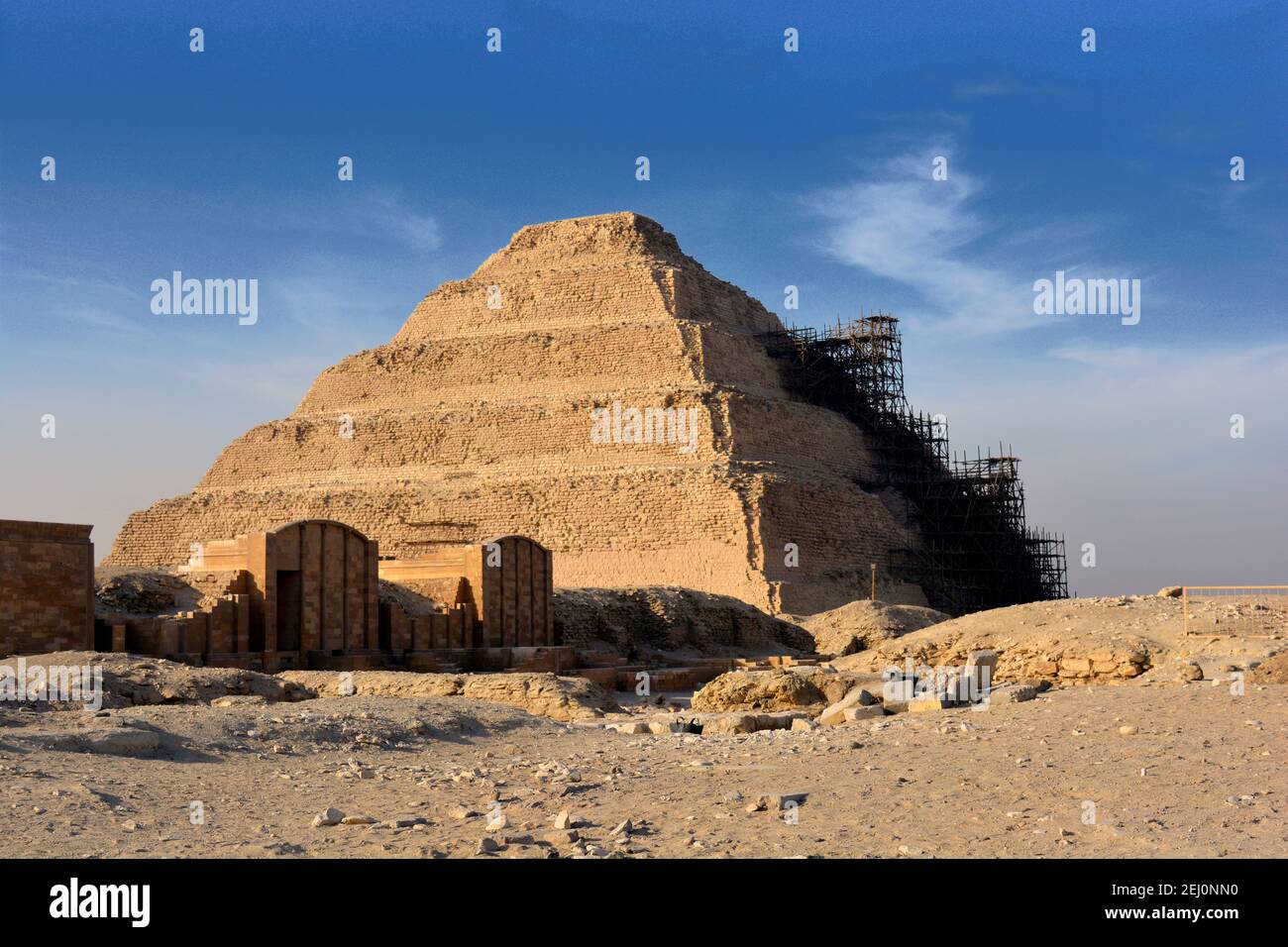 The step Pyramid of Djoser or Zoser in the Saqqara necropolis in Giza Egypt, Saqqara pyramid in Egypt, 6-tier, 4-sided structure. Stock Photo