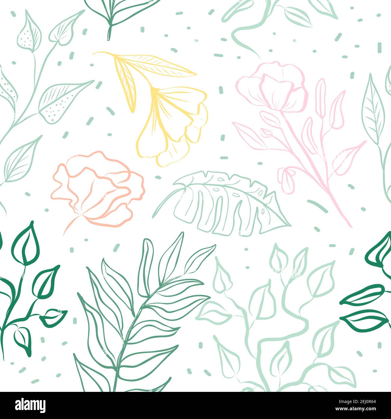 Vector seamless pattern of hand draw tropical leaves and  flowers. Botany light background, jungle  wallpaper. Stock Vector