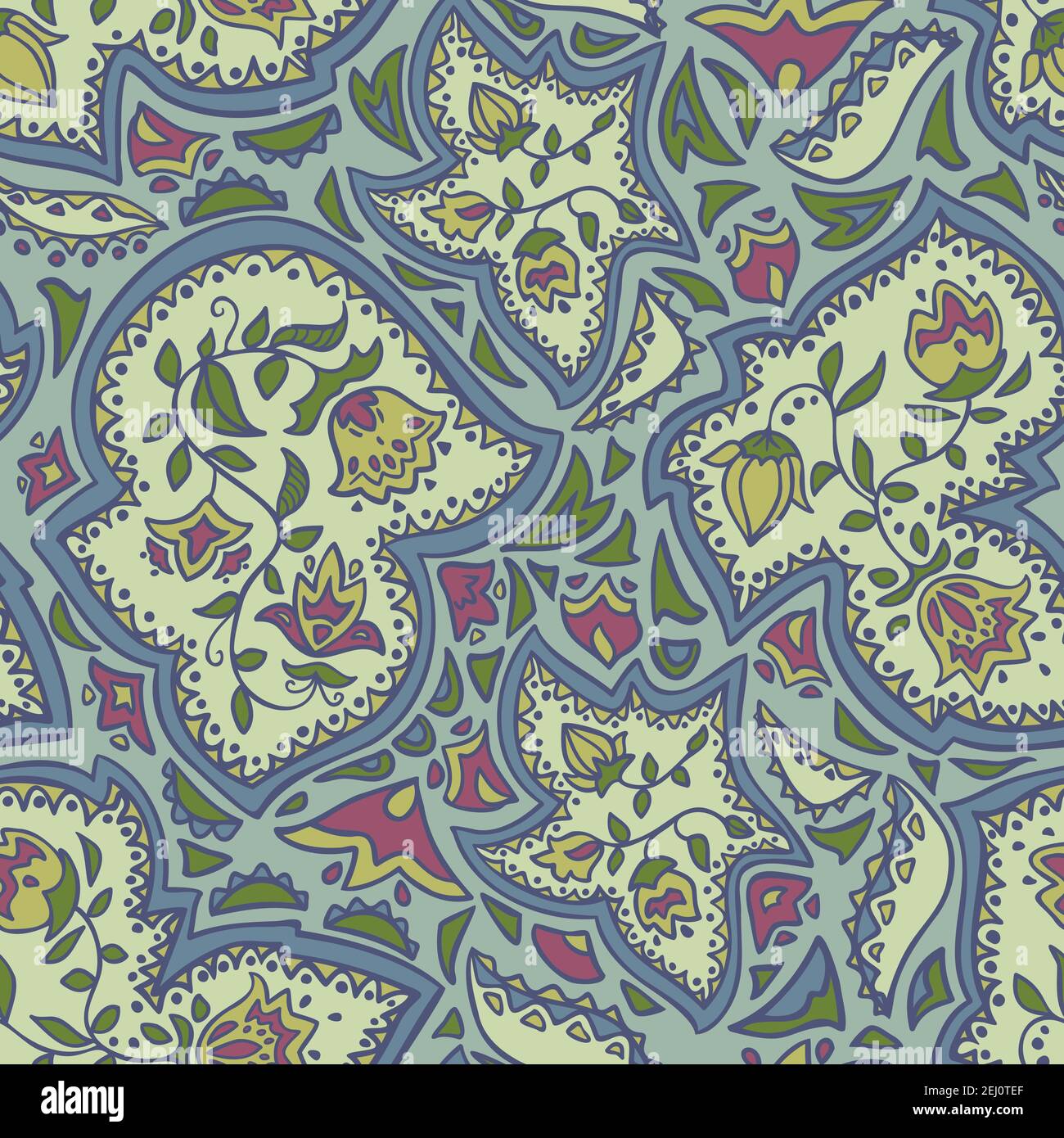 Vector seamless pattern decoration of rose flowers, leaves and abstract geometrical figures. Stock Vector