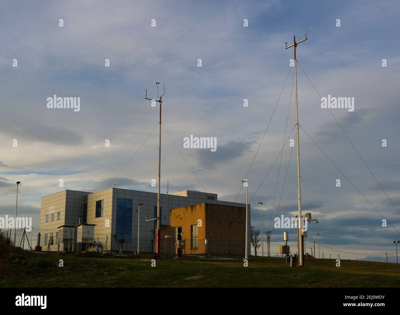 Meteorological Station Santander Cantabria Spain Morning sun Winter with Stevensons screens and anemometers on masts Stock Photo