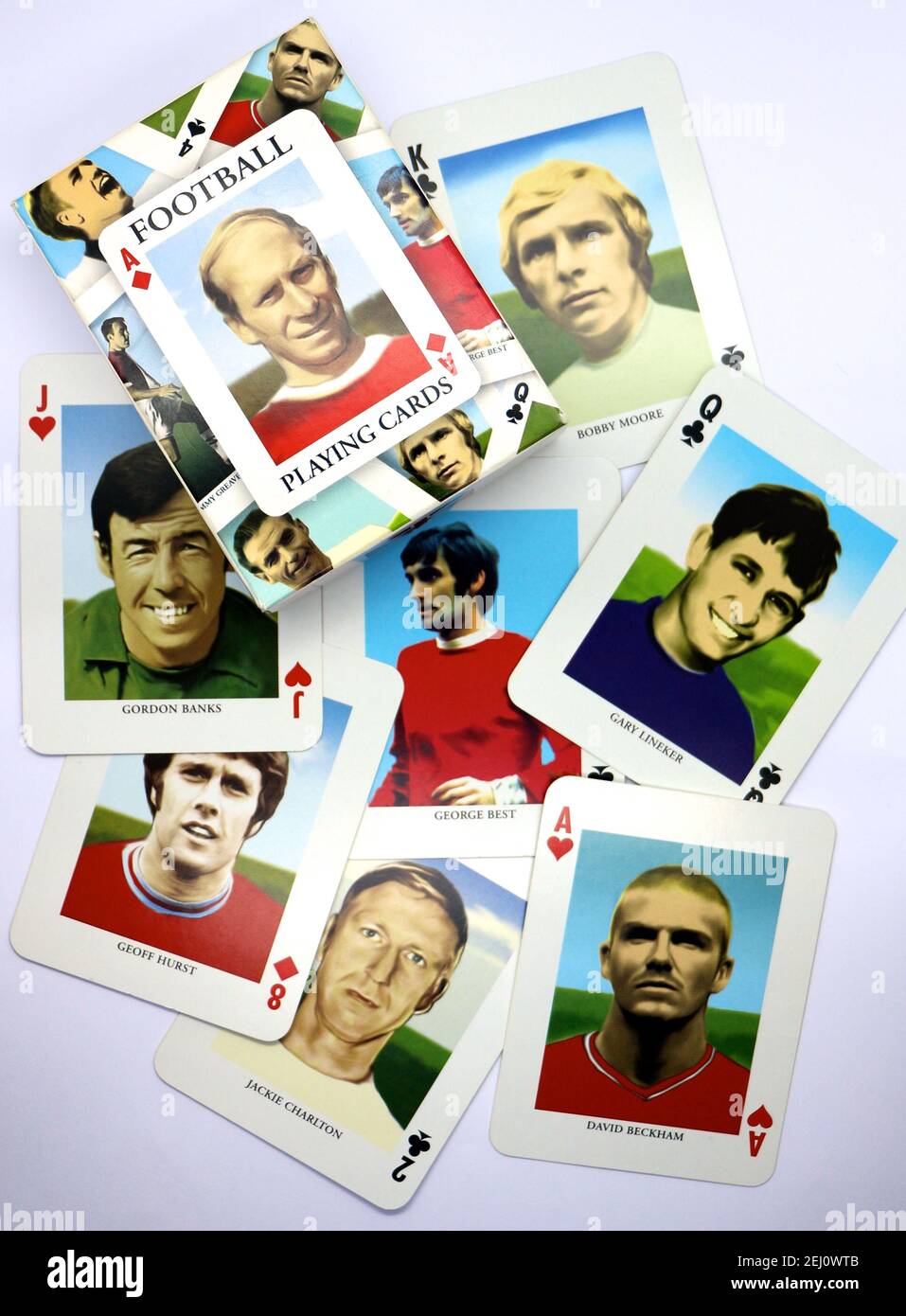 Pack of football themed playing cards with box and various famous