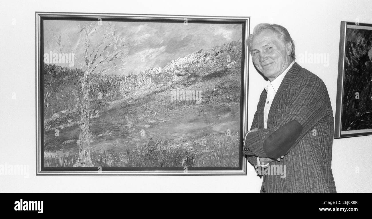 This is an image of Actor Jack Palance  of Lattimer Mines, Pennsylvania. USA. at his Art exhibit at the McDonald Gallery, Misericordia University, Dallas Pennsylvania. Date 27 March, 1992. Born 1919-Died 2006 Stock Photo