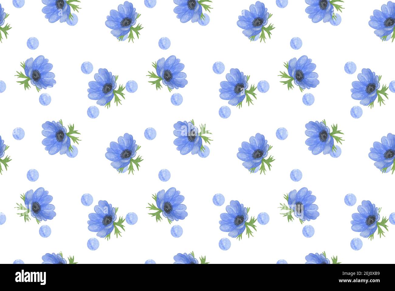 Repeat pattern of delicate flowers and leaves, blue anemones and polka dot seamless ornament, suitable for making fabric, gift paper Stock Photo