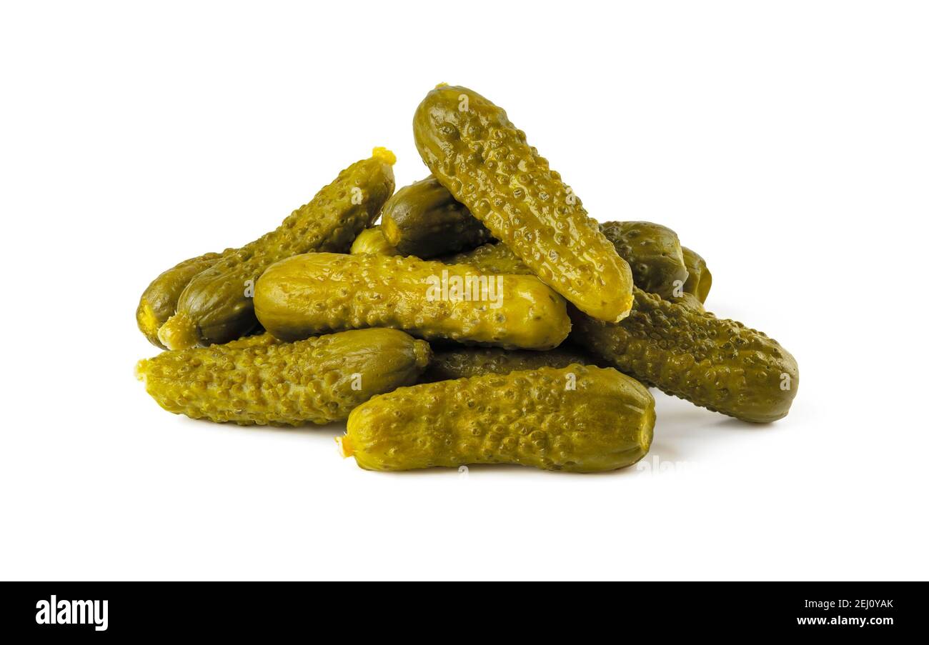 Pile of pickled gherkins isolated on a white background. Whole green