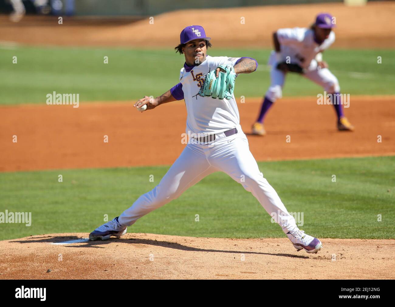 Baton Rouge, LA, USA. 20th Feb, 2021. LSU starting pitcher Jaden Hill (0) delivers a pitch during NCAA Baseball action between the Air Force Academy and the LSU Tigers at Alex Box Stadium, Skip Bertman Field in Baton Rouge, LA. Jonathan Mailhes/CSM/Alamy Live News Stock Photo