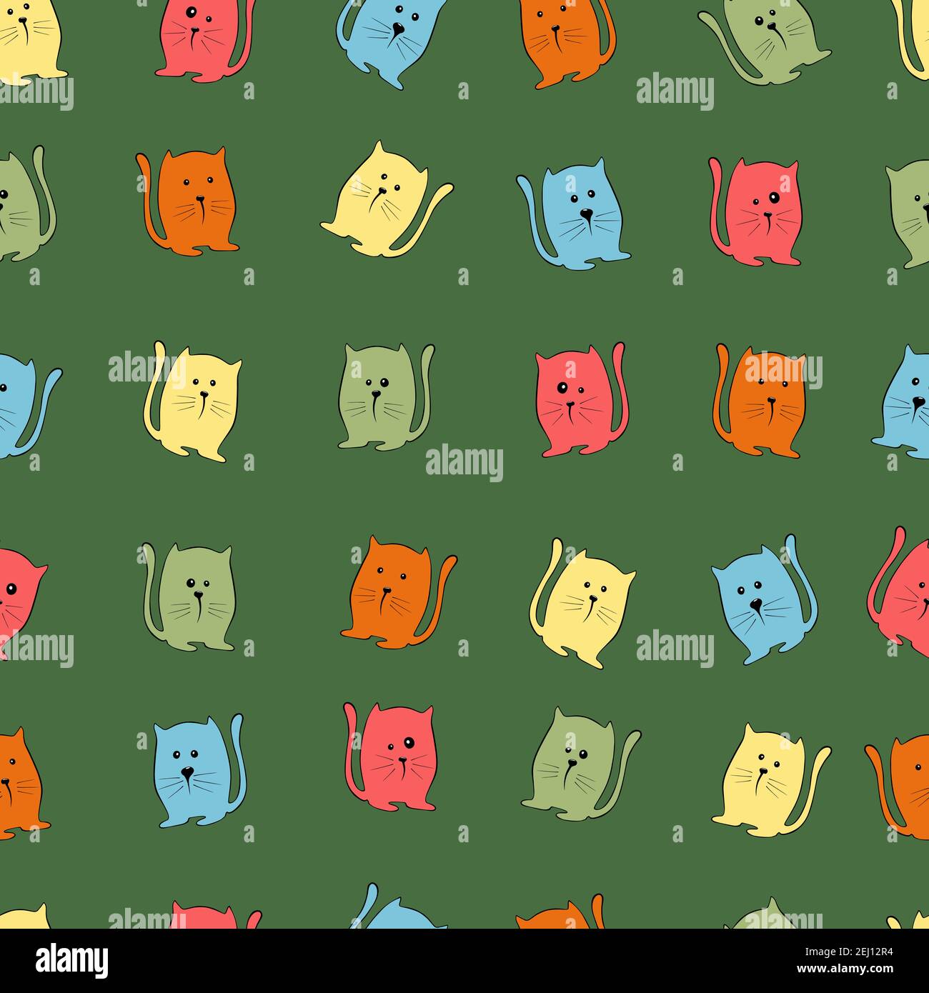 Multicolored cartoon cats on a green background. Seamless pattern Stock Vector