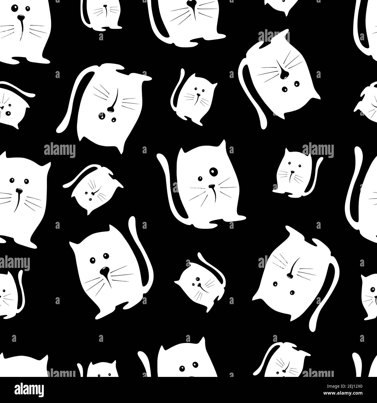 White cartoon cats on a black background. Seamless pattern Stock Vector
