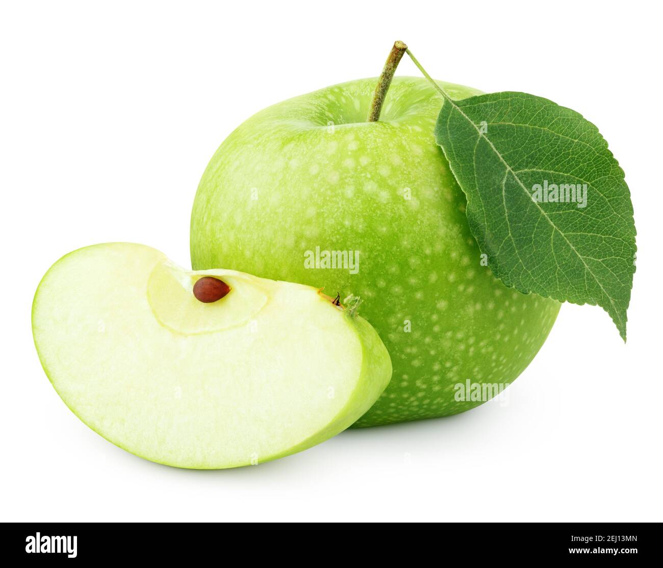 Ripe green apple with leaf and slice isolated on white background with clipping path Stock Photo