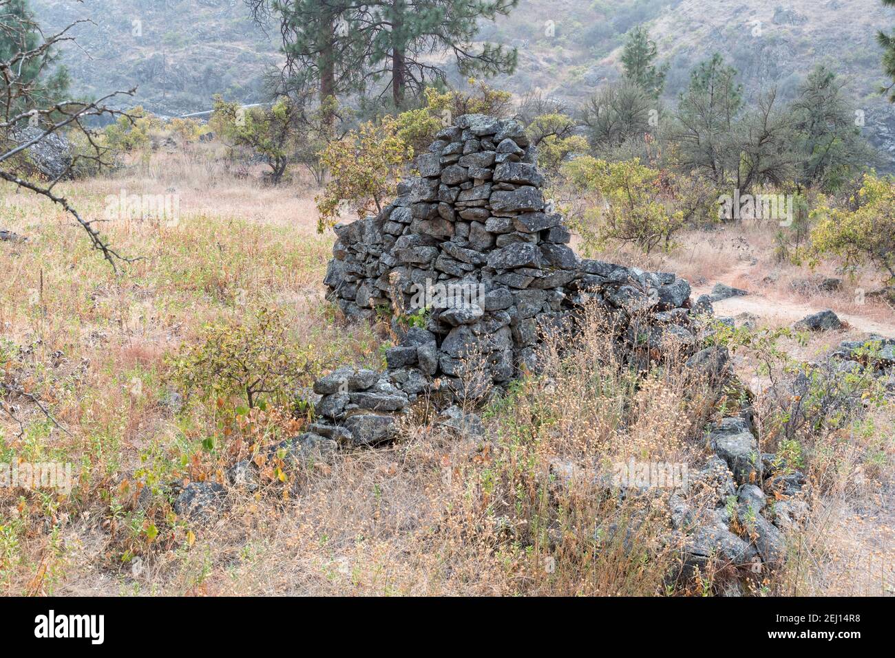 Ruins of Chinese miners' dwelling along the Lower Salmon River, Idaho. Stock Photo