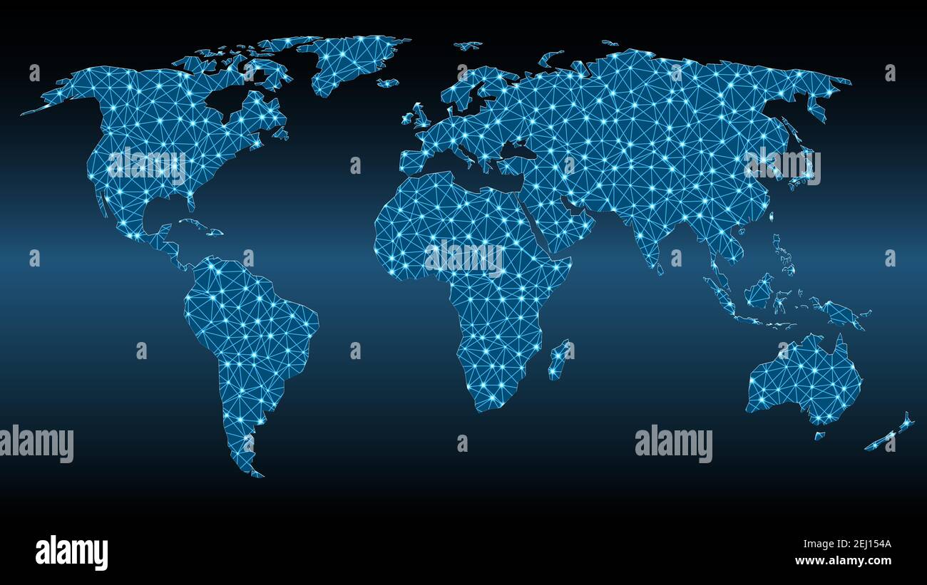 World map with triangular mesh and glowing dots Stock Vector