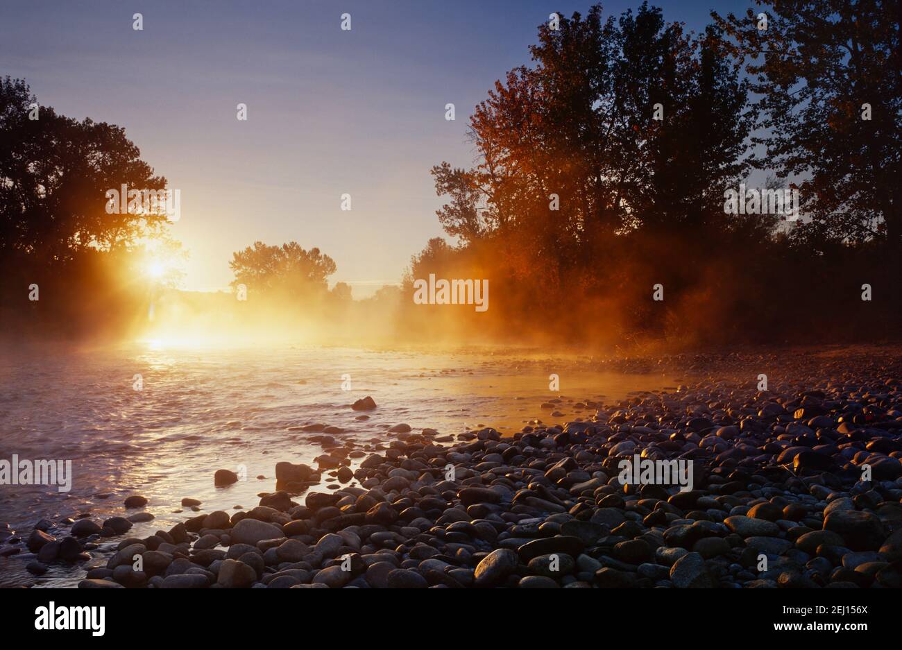 Mist rising from Boise River on a cold autumn morning in Boise, Idaho Stock Photo