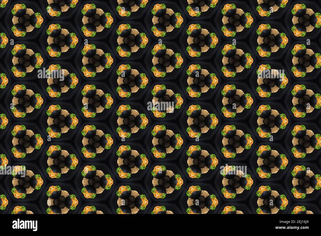 A geometric pattern in black yellow and green in circular shapes on a ...