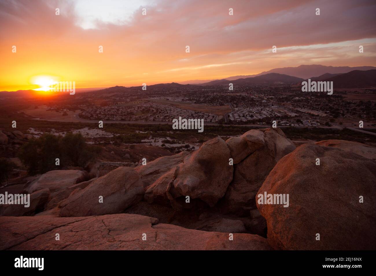 Summit sunset view of Mount Rubidoux and Jurupa Valley in Riverside County, California, USA