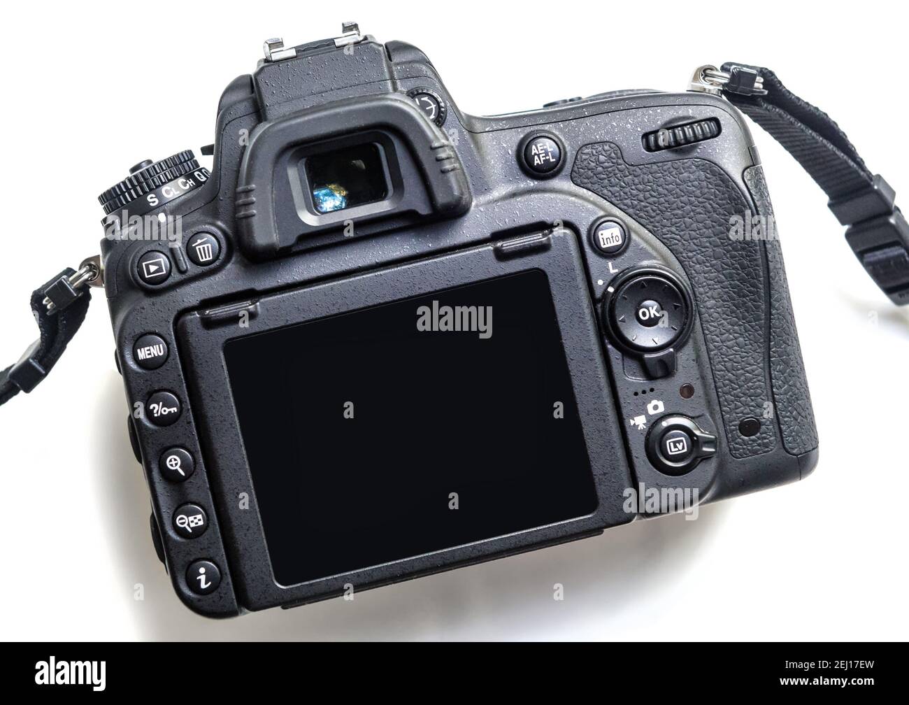 Photo camera isolated on white background, front view of screen of professional DSLR camera body. Black digital camera for photography and video. Cont Stock Photo