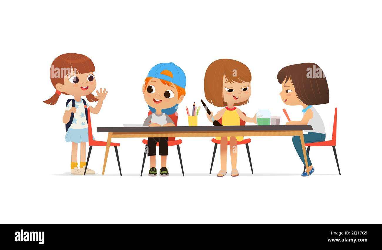 New pupil greeting classmates sitting at table. Boys and Girls draw picture with watercolor and pencils. Drawing activity in the art class. Boy and Stock Vector