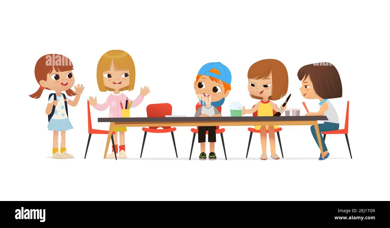New pupil greeting classmates sitting at table. Boys and Girls draw picture with watercolor and pencils. Drawing activity in the art class. Boy and Stock Vector