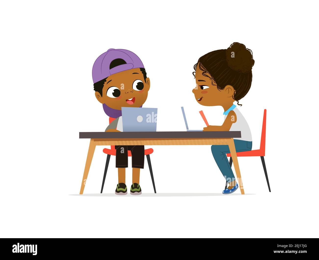 Happy African American children sitting at laptops and learning programming during school lesson. Coding for kids concept. Vector illustration for Stock Vector