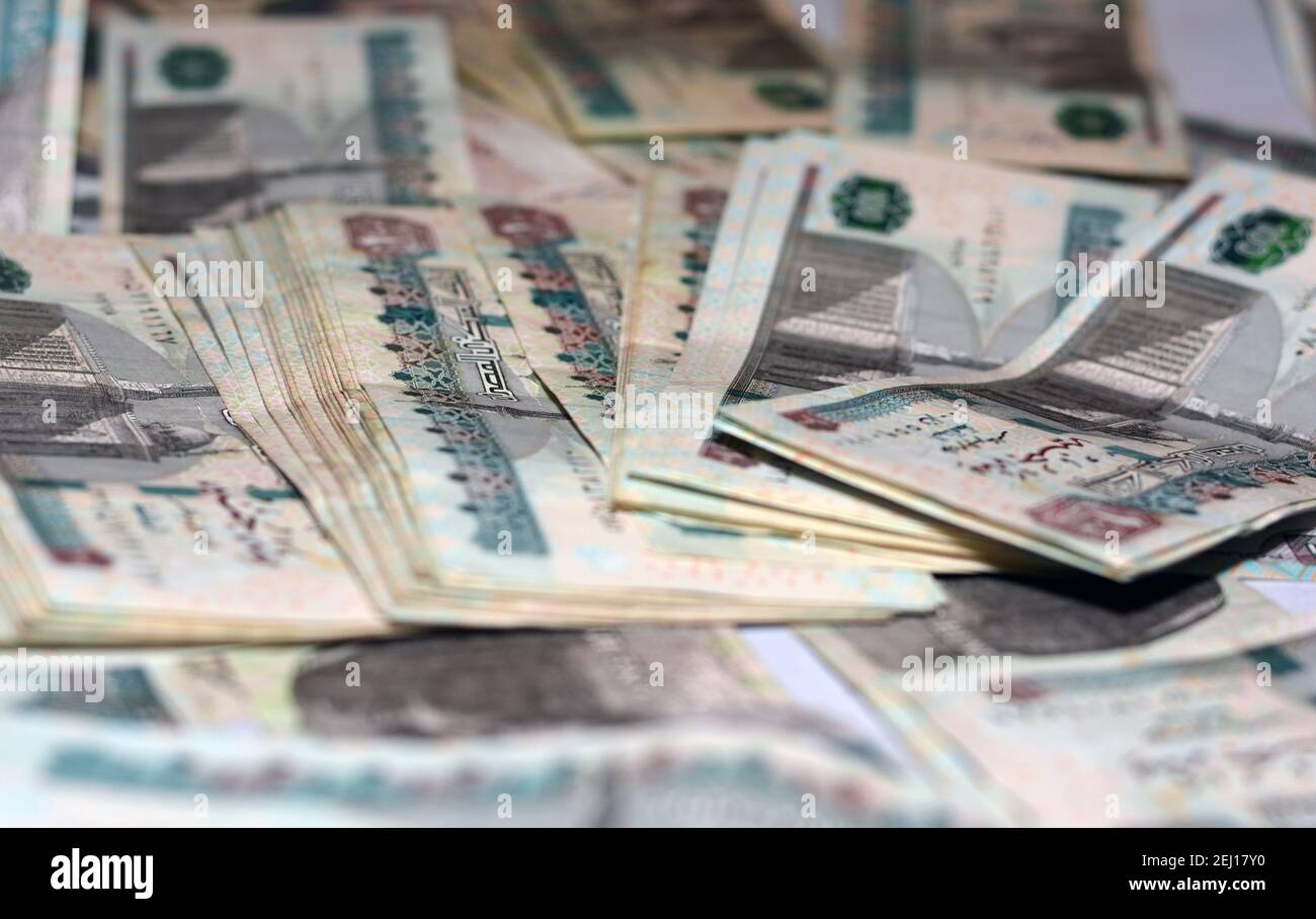 selective focus of Egyptian money background , 200 LE, 100 LE, 50 LE ...