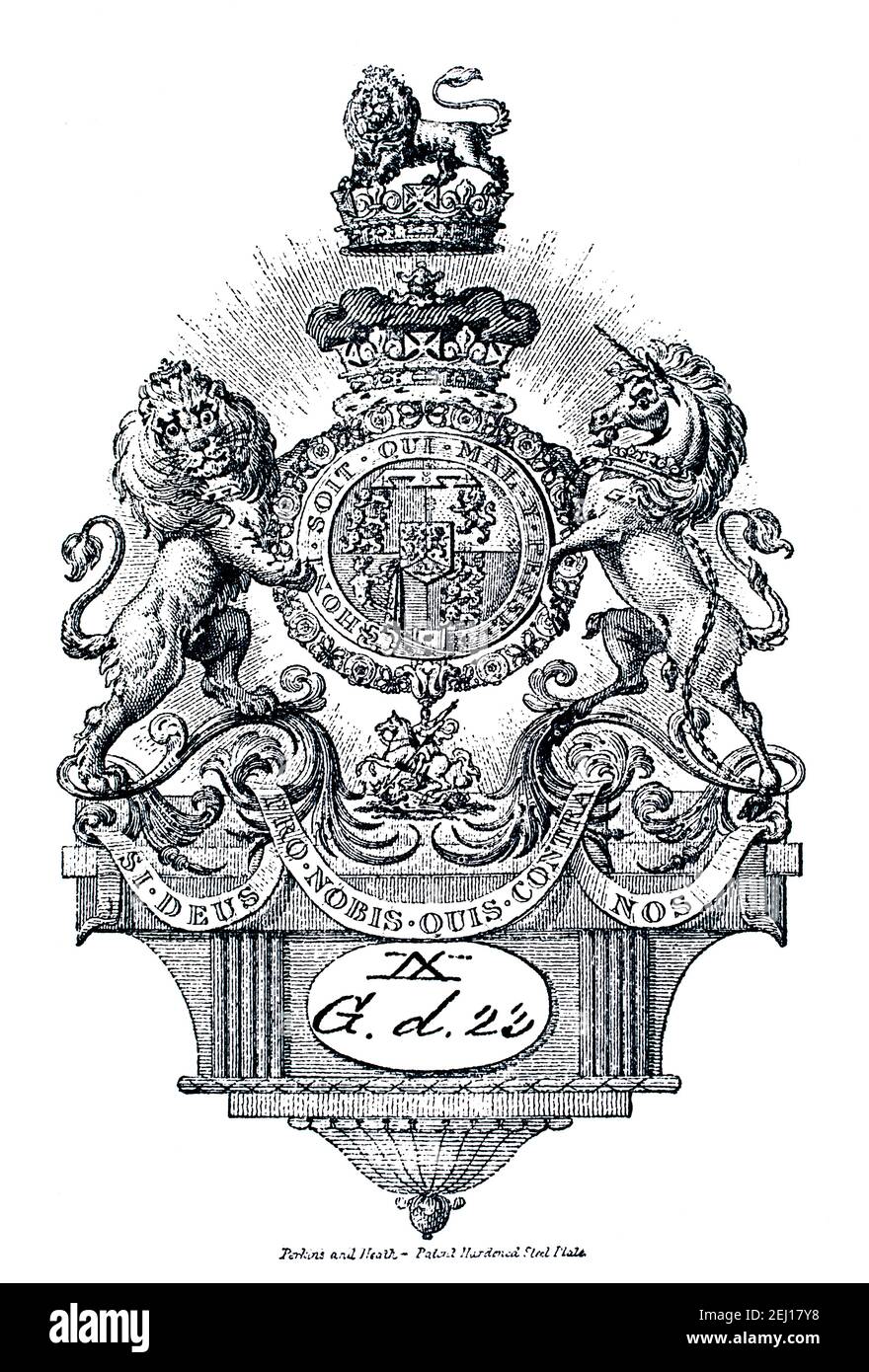 bookplate of Prince Augustus Frederick, Duke of Sussex, (1773–1843) printed on Perkins and Heath patent hardened steel plate Stock Photo
