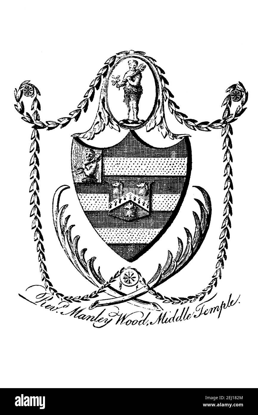 late 1700s bookplate of Revd Manley Wood, Middle Temple, London Stock Photo