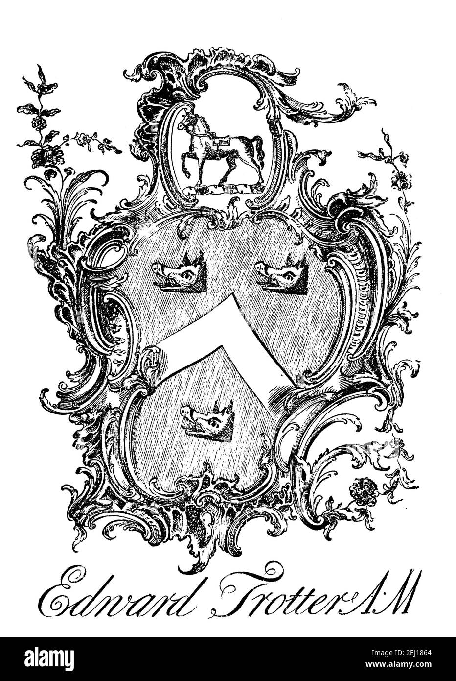 Chippendale style heraldic bookplate of Edward Trotter AM of Gatchibraw, in Scotland Stock Photo
