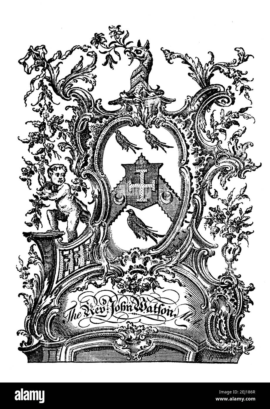 Chippendale bookplate of antiquary and clergyman The Rev John Watson (1725-1783) of Prestbury, Cheshire Stock Photo