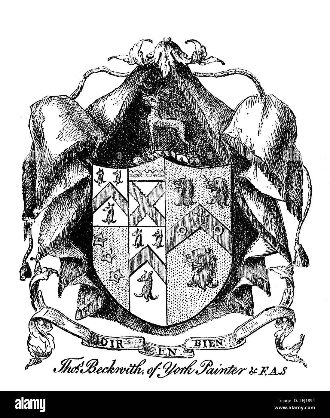 18th century armorial bookplate of painter Thomas Beckwith of York, with motto, “Joir en bien;” Stock Photo