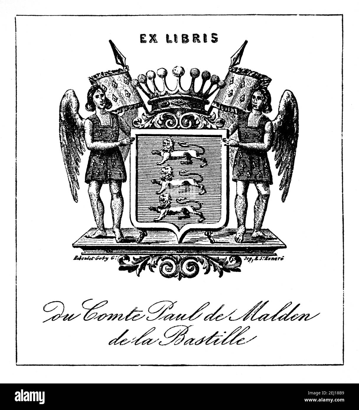 French bookplate of Comte Paul du Maldon de la Bastille engraved by engraver Biboulet Goby of St Honaire Stock Photo