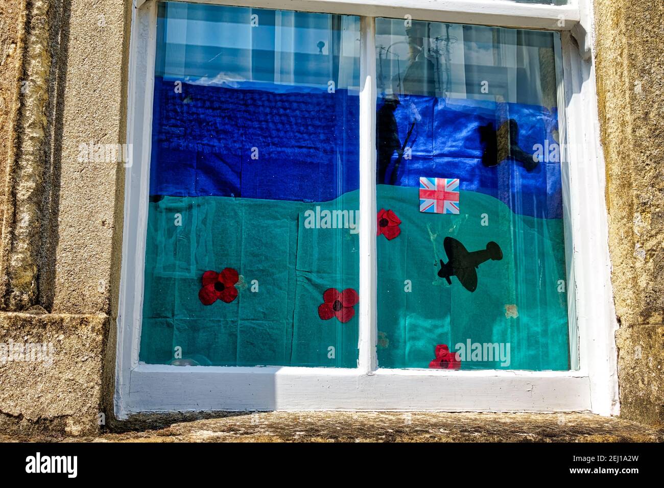 Warminster, Wiltshire  UK - May 7 2020: A picture celebrating Victory in Europe Day 75 in the window of Wren House Care Home in Vicarage Street Stock Photo