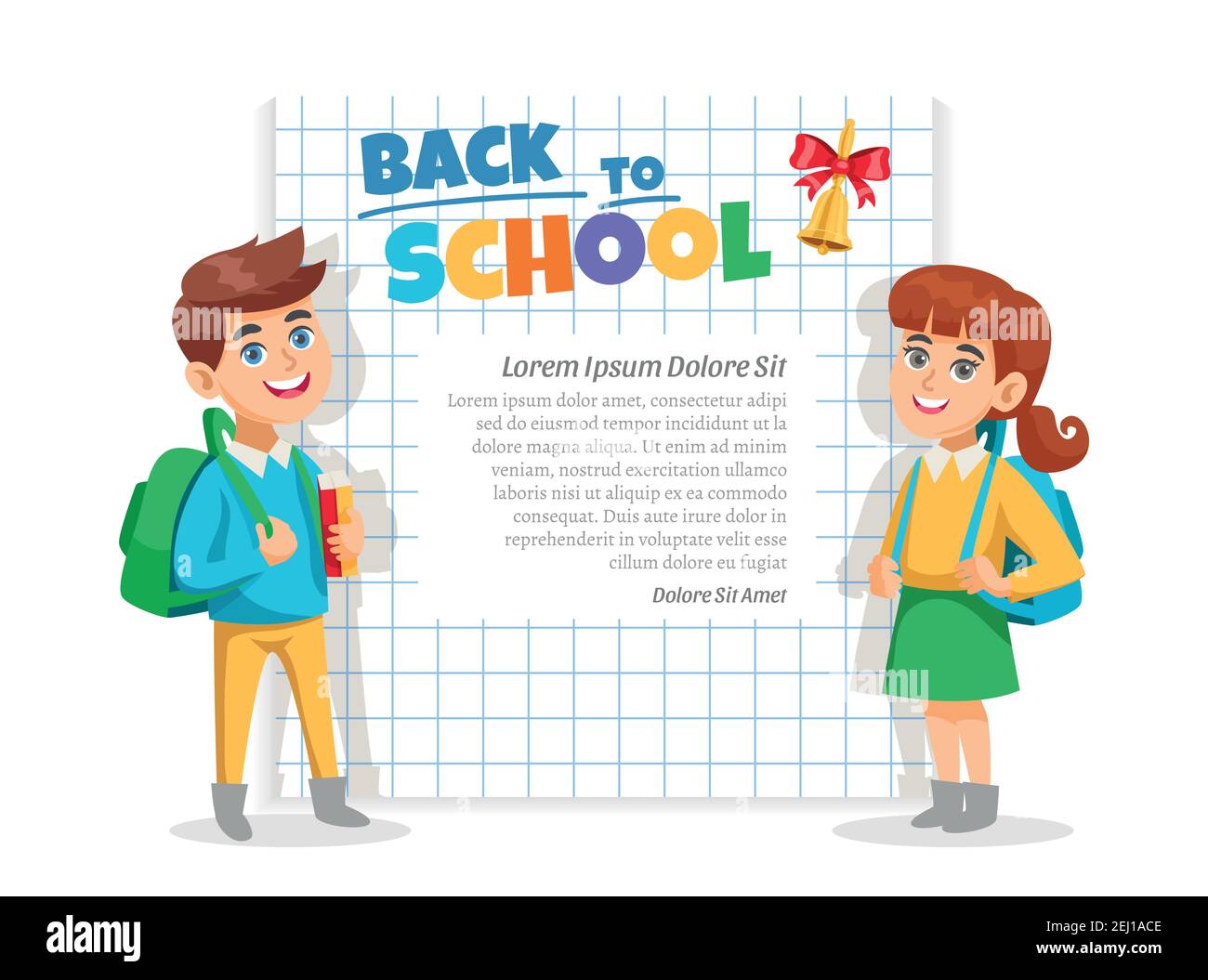 Back to school announcement lettering frame with schoolgirl schoolboy notebook squared paper page background poster vector illustration Stock Vector