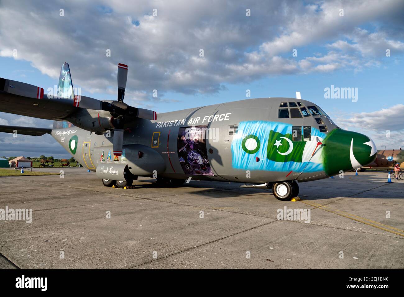 RAF Fairford, Gloucestershire / UK - July 20 2019: Chakala based 6 Squadron 'Antelopes' Pakistan Airforce, Lockheed C130B Hercules transport aircraft Stock Photo