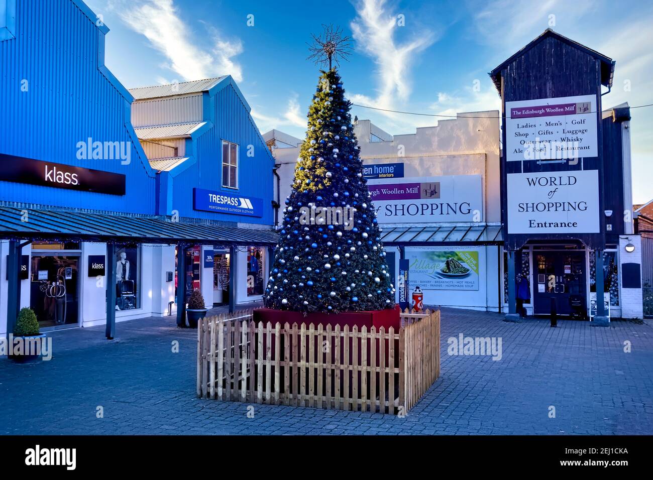 Wilton, Wiltshire / UK - November 29 2016: Christmas tree in the centre of Wilton Shopping Village near Salisbury in Wiltshire, England, UK Stock Photo