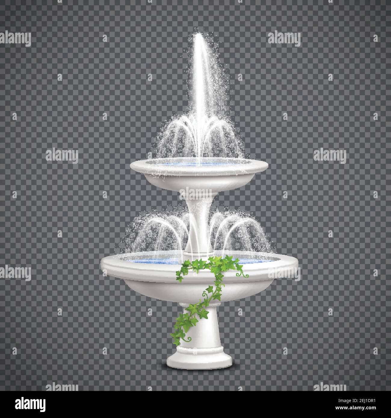 Two tier white cascade water fountain with climbing ivy plant realistic image on transparent background vector illustration Stock Vector