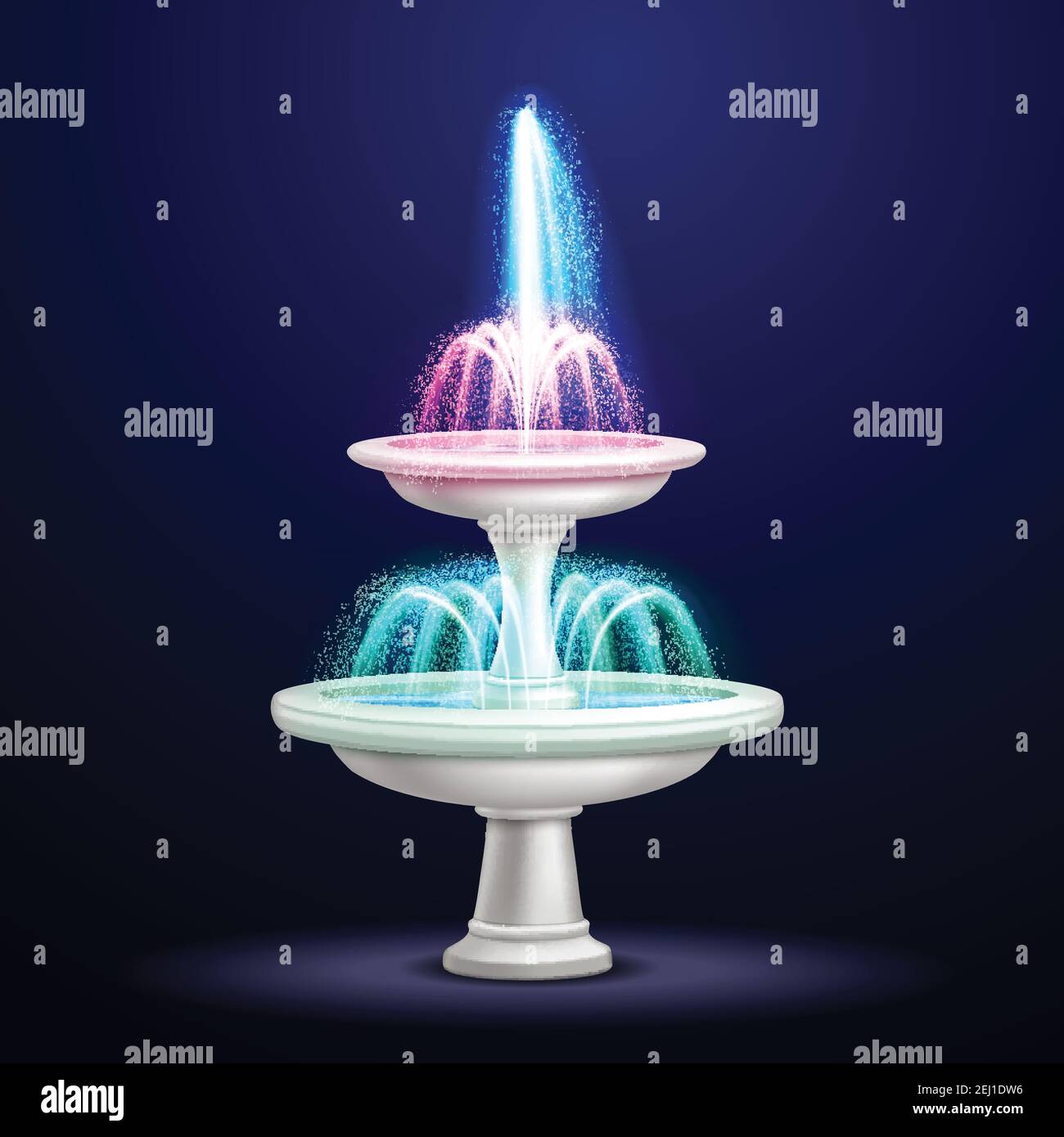 Outdoor water cascade fountain with neon lighting at night realistic closeup image isolated object vector illustration Stock Vector