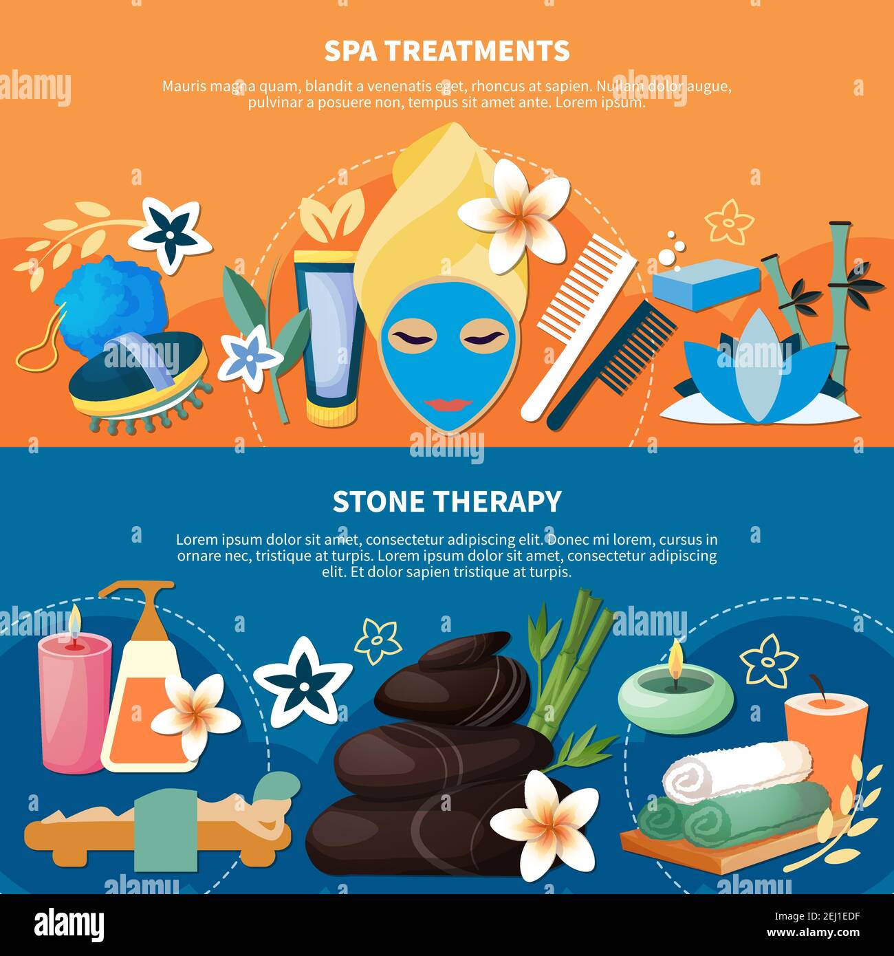 Spa Health Treatments With Seawater Baths Hot Stone And River Rock Massage 2 Flat Banners Vector