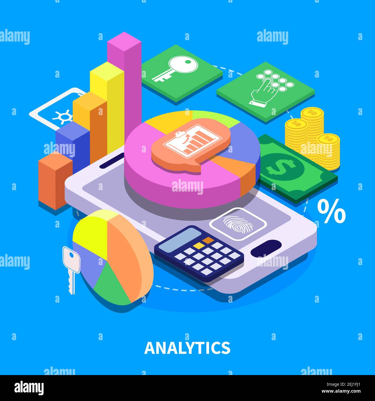 Analytics concept with colorful 3d diagrams presenting financial security data isometric vector illustration Stock Vector