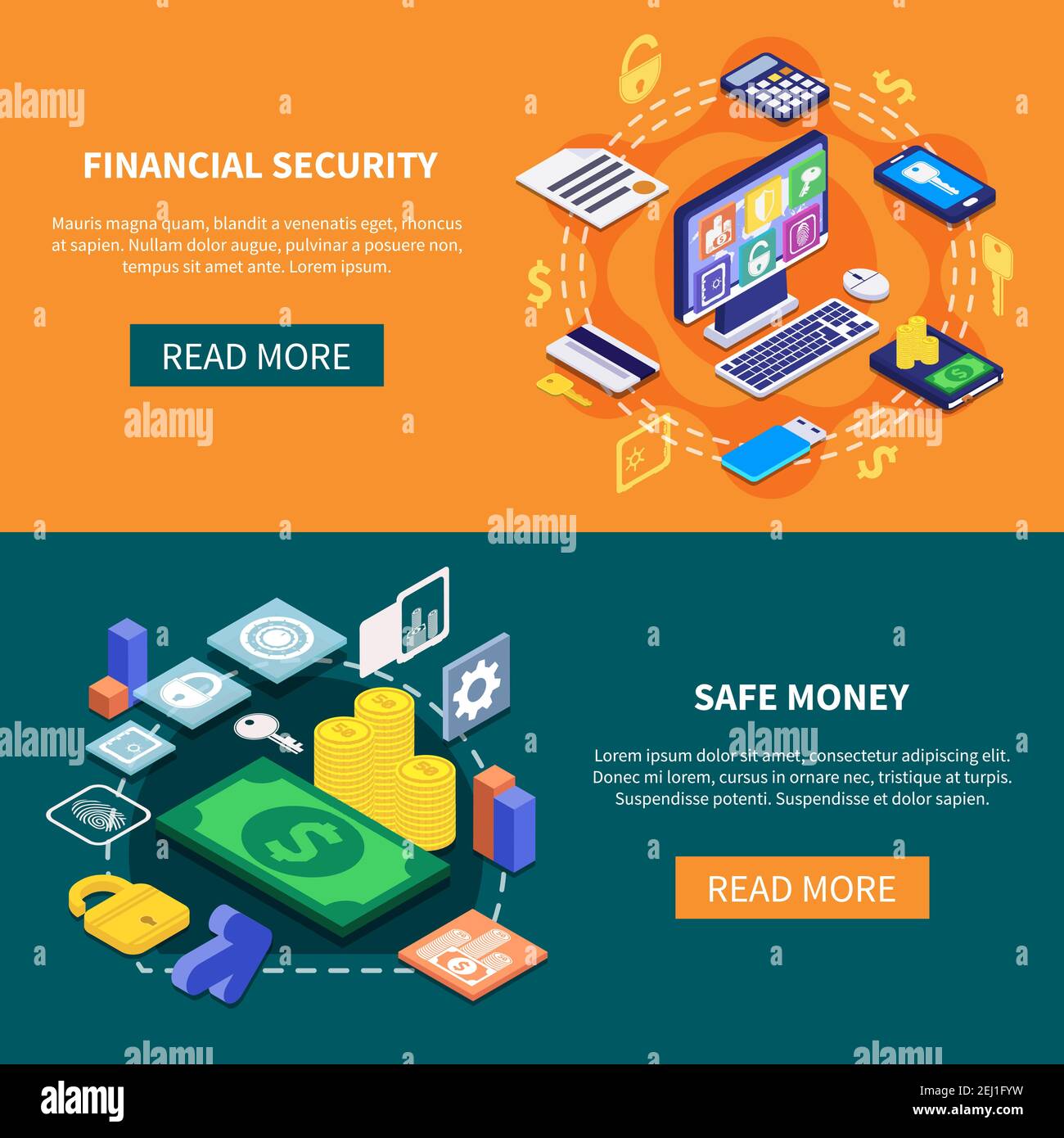 Financial security and safe money transaction isometric banners 3d