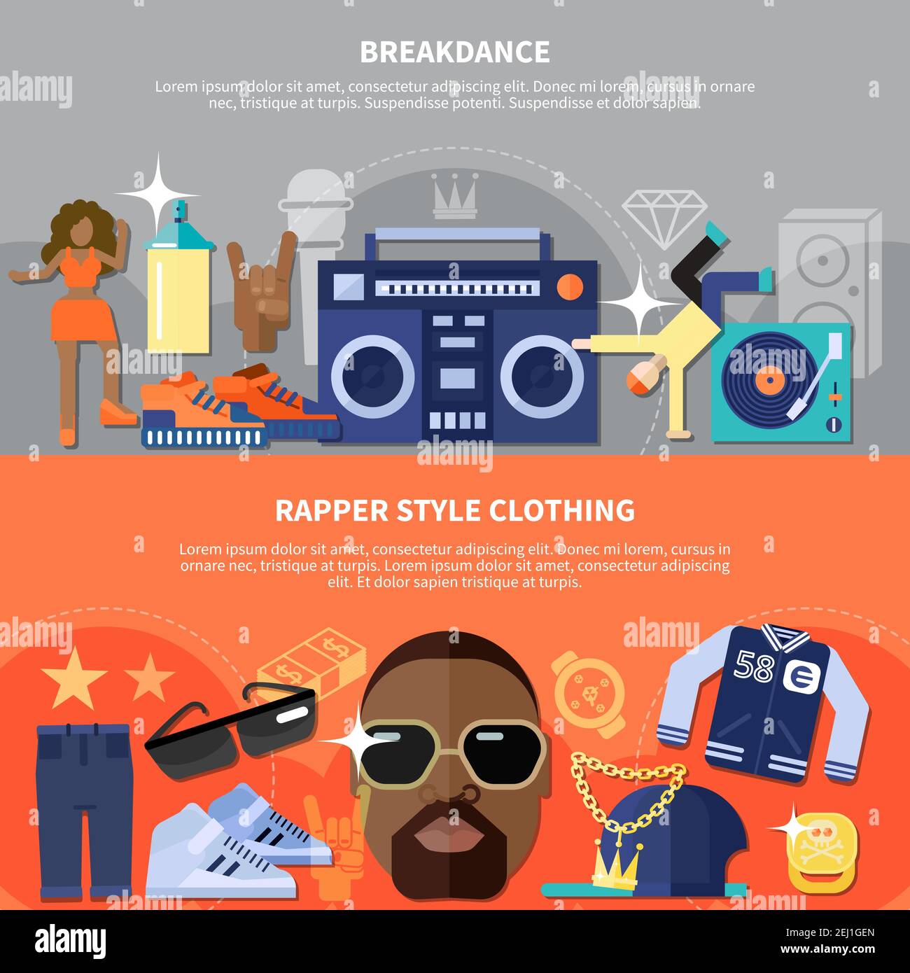 Set of horizontal banners including african american rapper with clothing, breakdance and music equipment isolated vector illustration Stock Vector