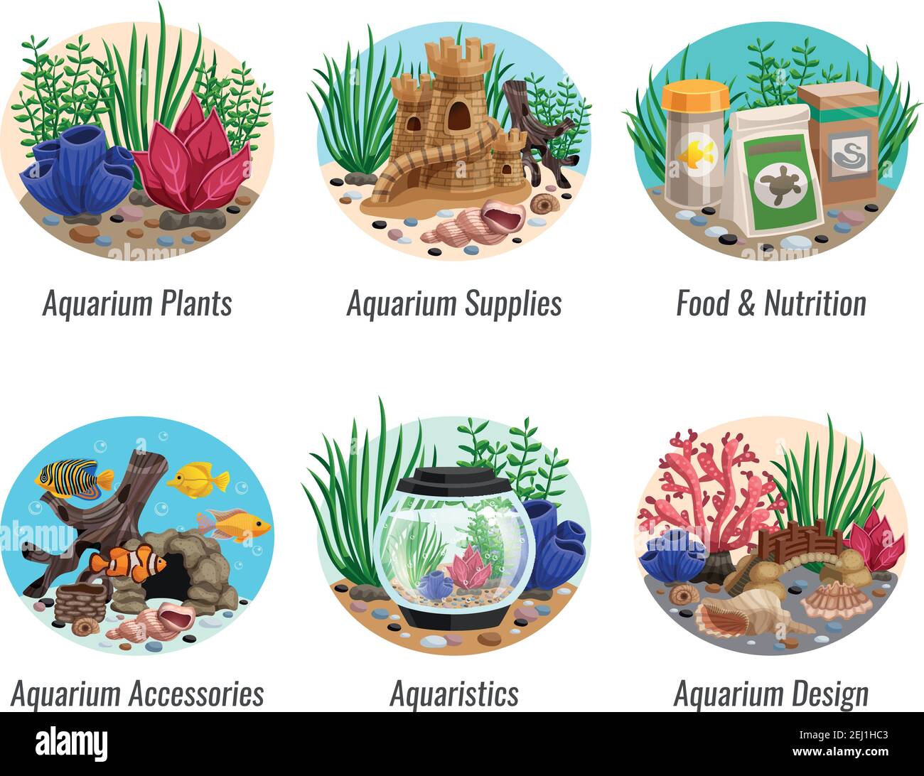 Set of aquarium compositions with colorful plants, fishes, food, shells and caves, design elements isolated vector illustration Stock Vector