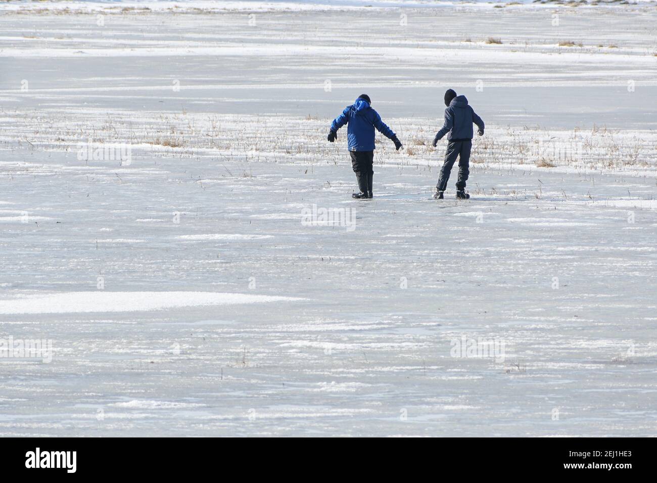 Two boys on a frozen lake frightened by a melted puddle in the weak ice, dangerous recreational fun in thawing weather, copy space, selected focus Stock Photo